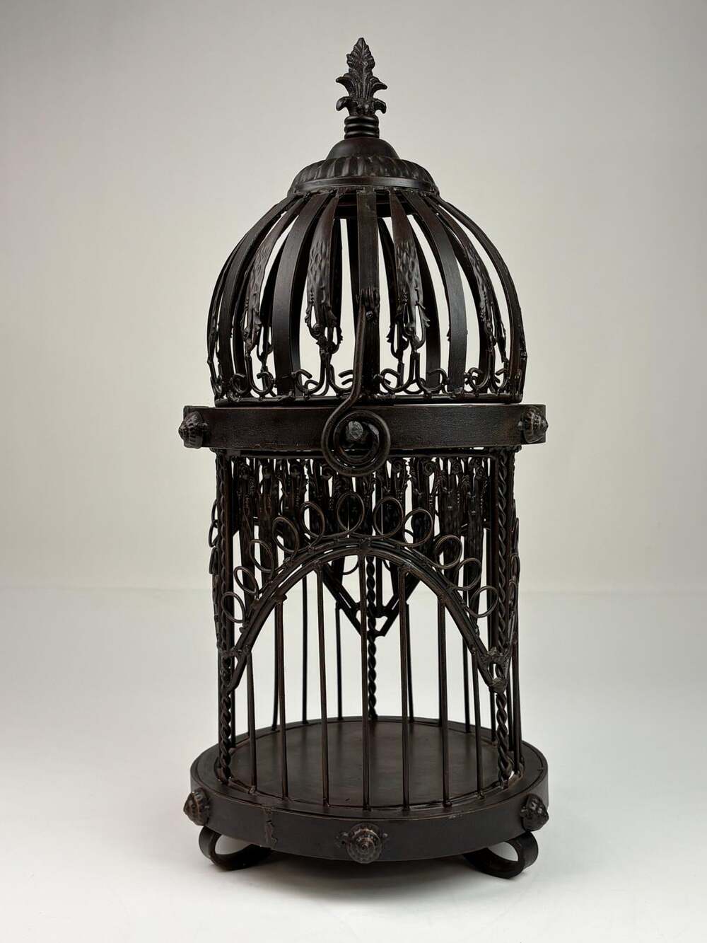 Vintage Wrought Iron Ornate Bird Cage Domed Top Scrollwork Small Bird 9x21in